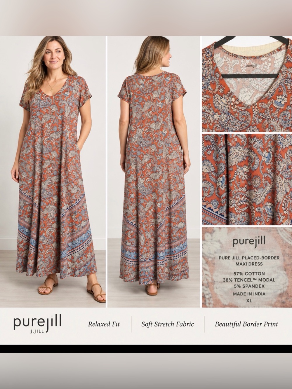 Pure Jill Placed Border Paisley Maxi Dress XL Rust Blue Boho 53โ